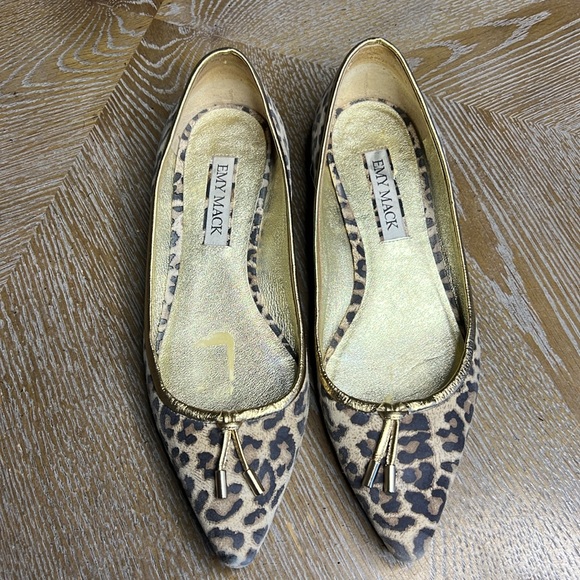 EMY MACK Leopard Leather Gold Pointy Flats 6 - Picture 2 of 12